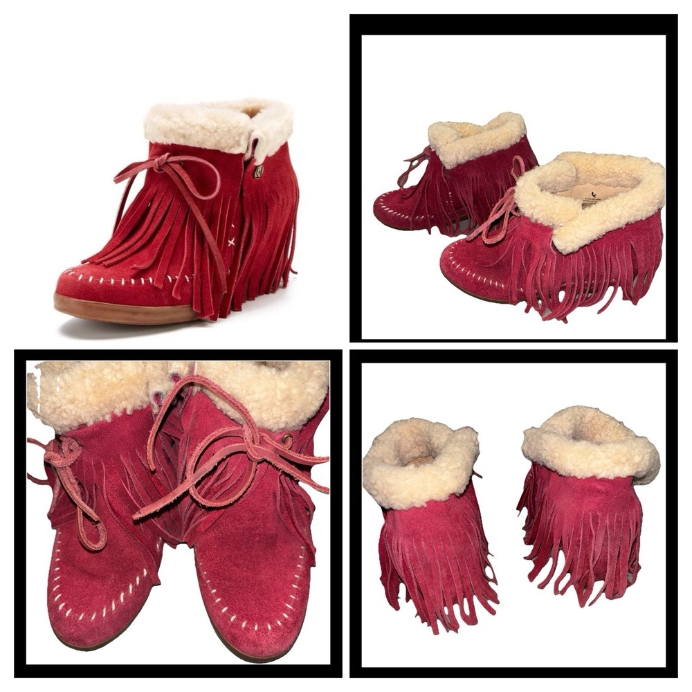 Koolaburra Red Suede Fringe Shearling-Lined Ankle Booties